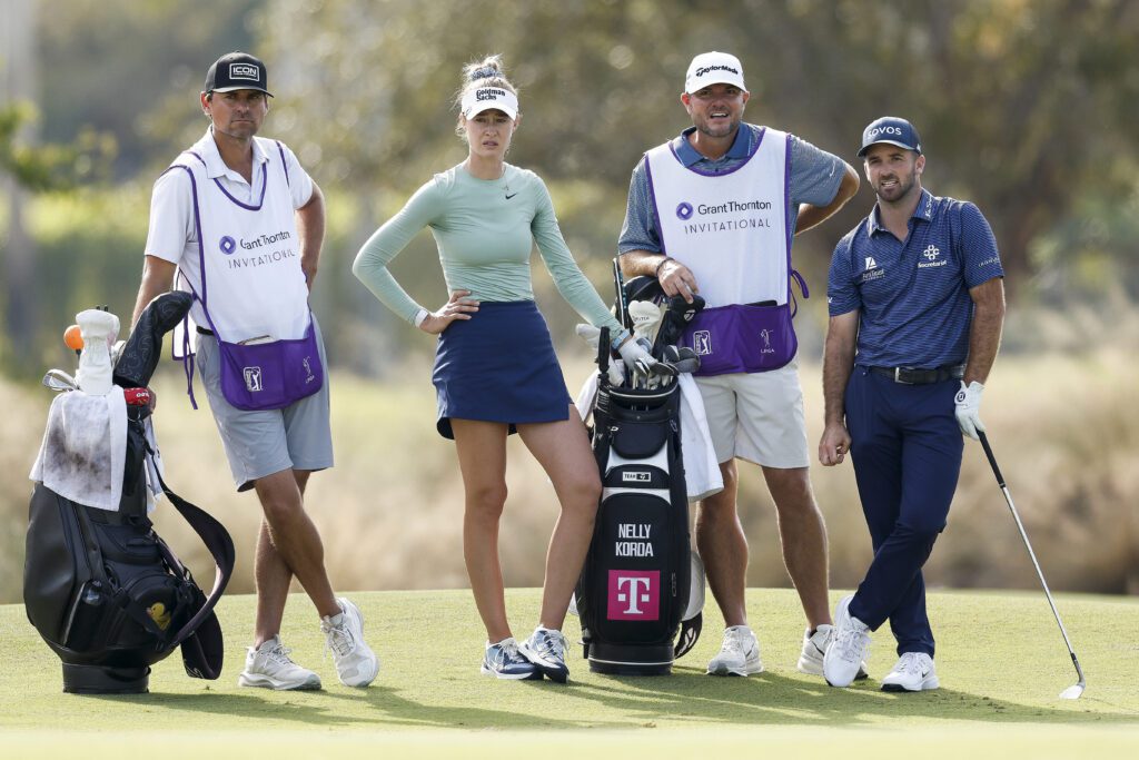 Nelly Korda of the United States, Denny McCarthy of the United States and their caddies look on while playing the 13th hole during the first round of the Grant Thornton Invitational 2025 at Tiburon Golf Club on December 12, 2025 in Naples, Florida.