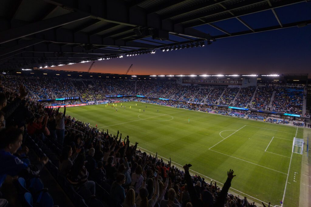 A sellout crowd watches the 2025 NWSL Championship match.
