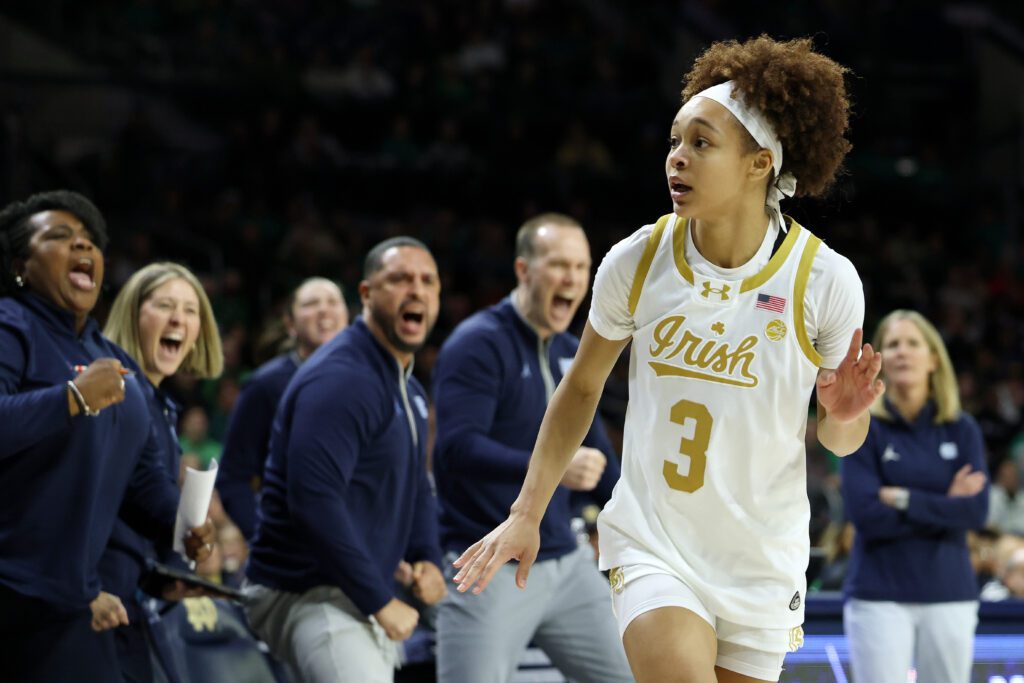 Notre Dame star guard Hannah Hidalgo reacts to a play during a 2025/26 NCAA basketball game.