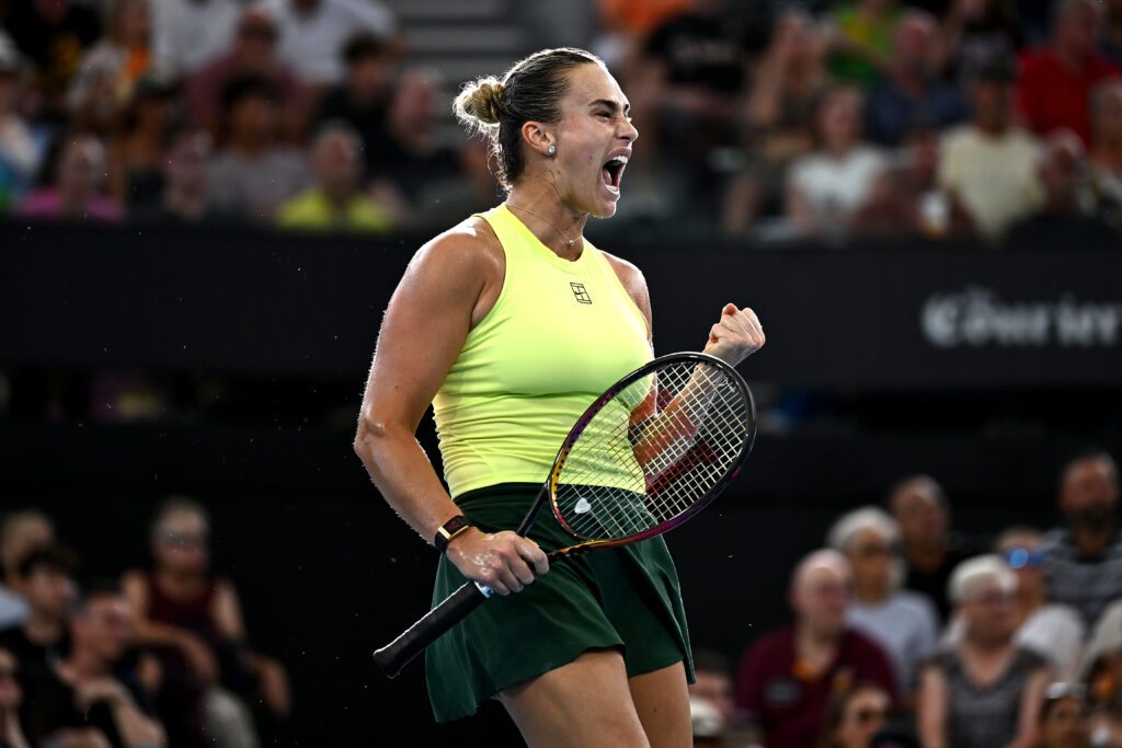 World No. 1 tennis player Aryna Sabalenka celebrates a point during the 2026 Brisbane International final.