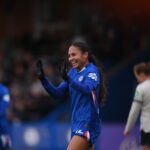 Chelsea FC forward Alyssa Thompson celebrates her goal during a 2025/26 WSL match.
