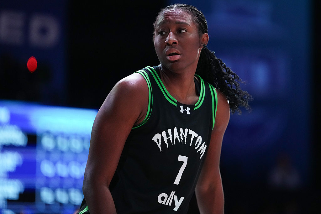 Aliyah Boston #7 of the Phantom looks on against the Mist during the second quarter at Sephora Arena on January 12, 2026 in Medley, Florida. 