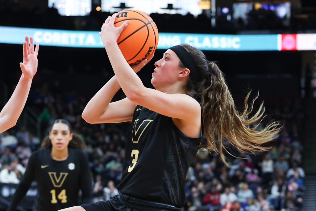 Vanderbilt freshman guard Aubrey Galven lines up a shot during a 2025/26 NCAA basketball game.