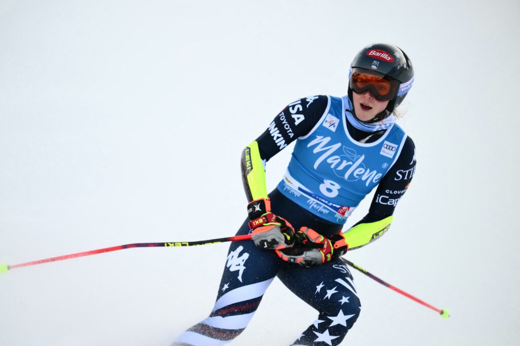 US ski star Mikaela Shiffrin reacts to her giant slalom run at a 2026 FIS World Cup stop.