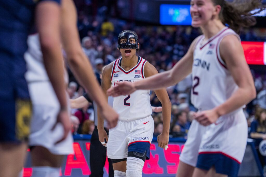 UConn junior guard KK Arnold reacts to a play during a 2025/26 NCAA basketball game against Notre Dame.