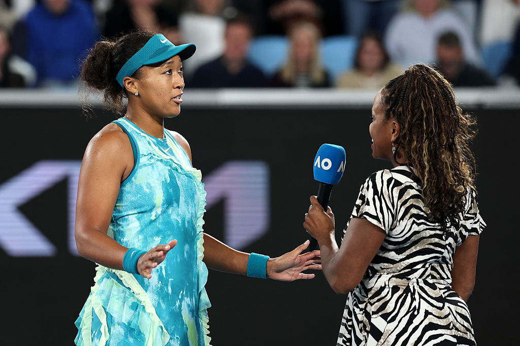Naomi Osaka of Japan speaks to the media following victory over Sorana Cirstea of Romania in the Women's Singles Second Round during day five of the 2026 Australian Open at Melbourne Park on January 22, 2026 in Melbourne, Australia.