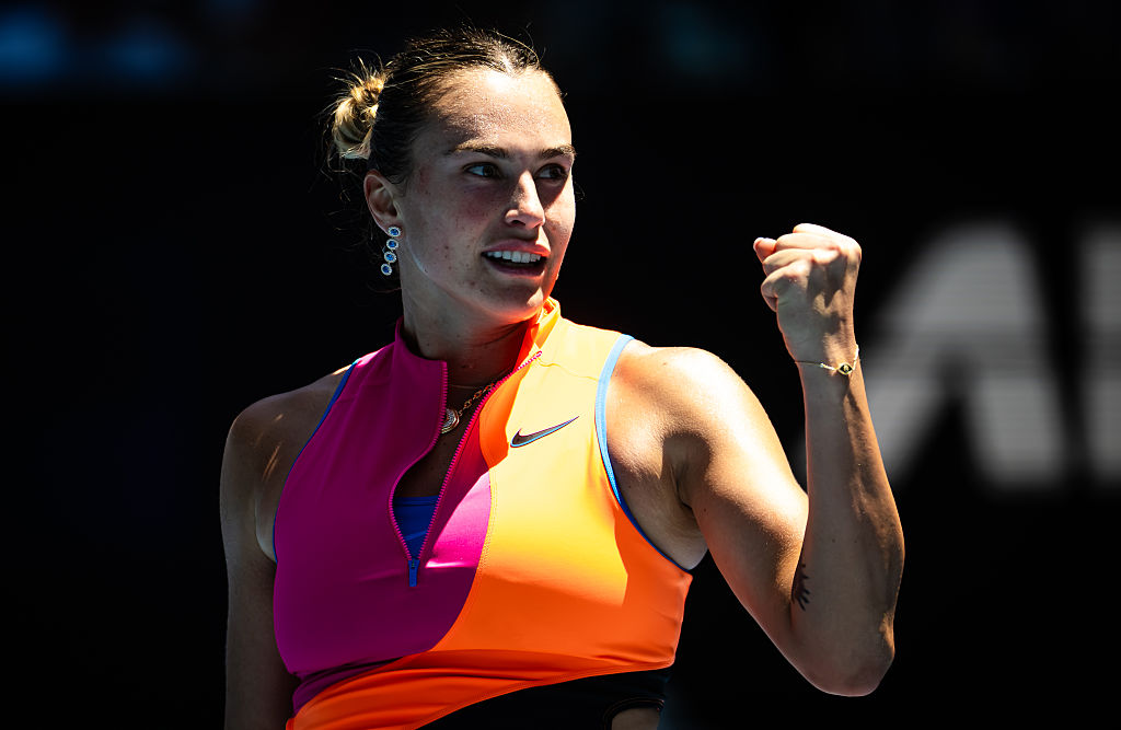Aryna Sabalenka reacts to defeating Iva Jovic of the United States in the quarter-final on Day 10 of the 2026 Australian Open at Melbourne Park on January 27, 2026 in Melbourne, Australia.