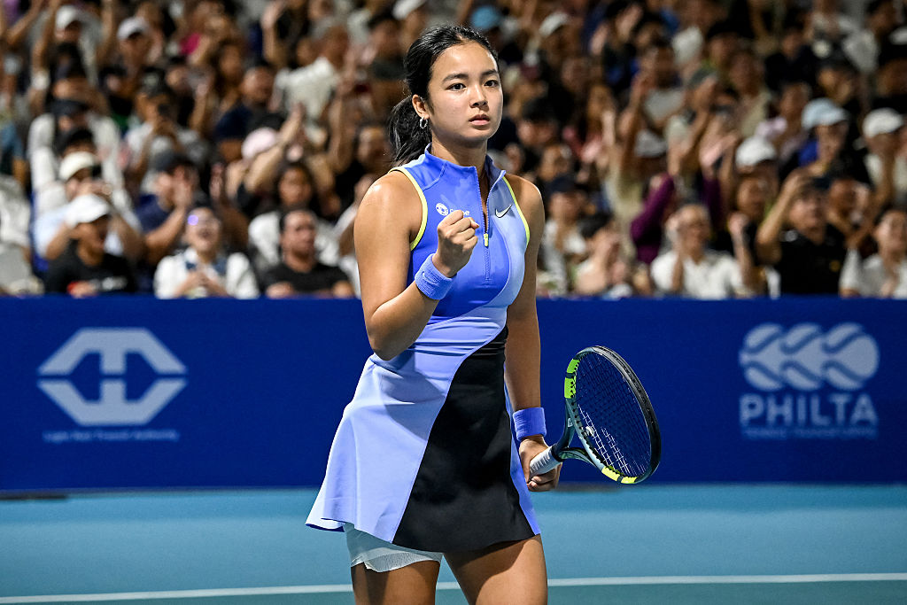 Philippines' Alexandra Eala reacts after a point against Japan's Himeno Sakatsume during their women's singles at the Philippine Women's Open tennis tournament in Manila on January 28, 2026.
