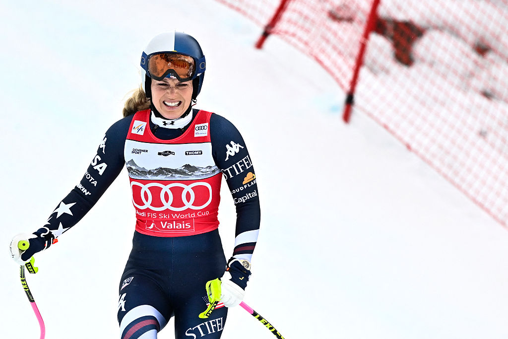 Lindsey Vonn reacts after a crash as she competes in the women's downhill race part of the FIS Alpine Ski World Cup 2025-2026, in Crans Montana, Switzerland, on January 30, 2026.