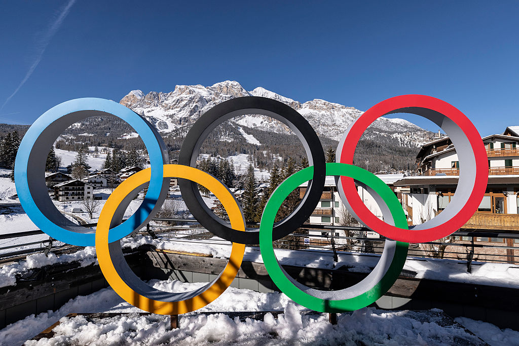 The Olympic Rings are set in front of surrounding mountains on January 27, 2026 in Cortina d'Ampezzo, Italy. Cortina will host Sliding, Curling and Women's Alpine events.