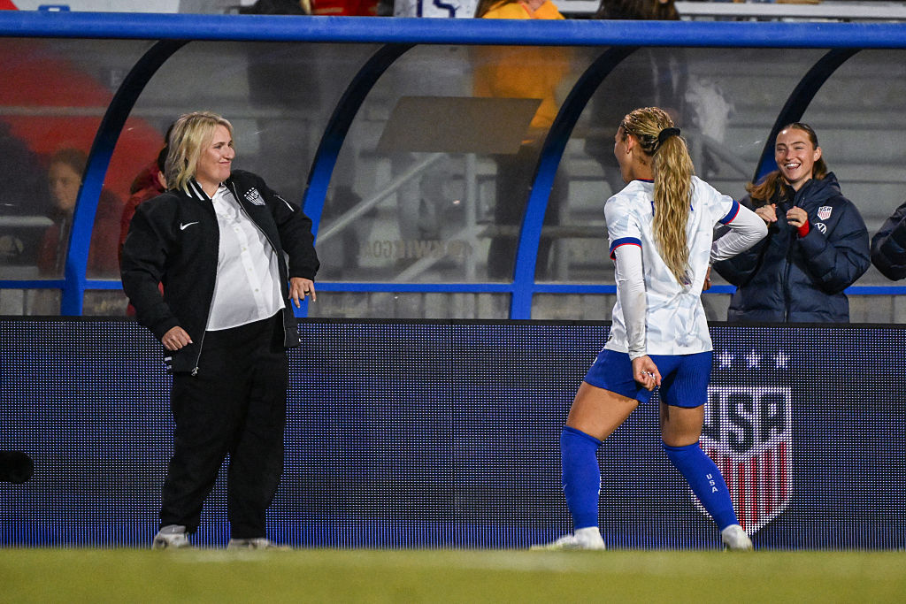 Trinity Rodman #2 of the United States dances with head coach Emma Hayes afterr scoring during the second half against Chile during an international friendly at Harder Stadium on January 27, 2026 in Santa Barbara, California.