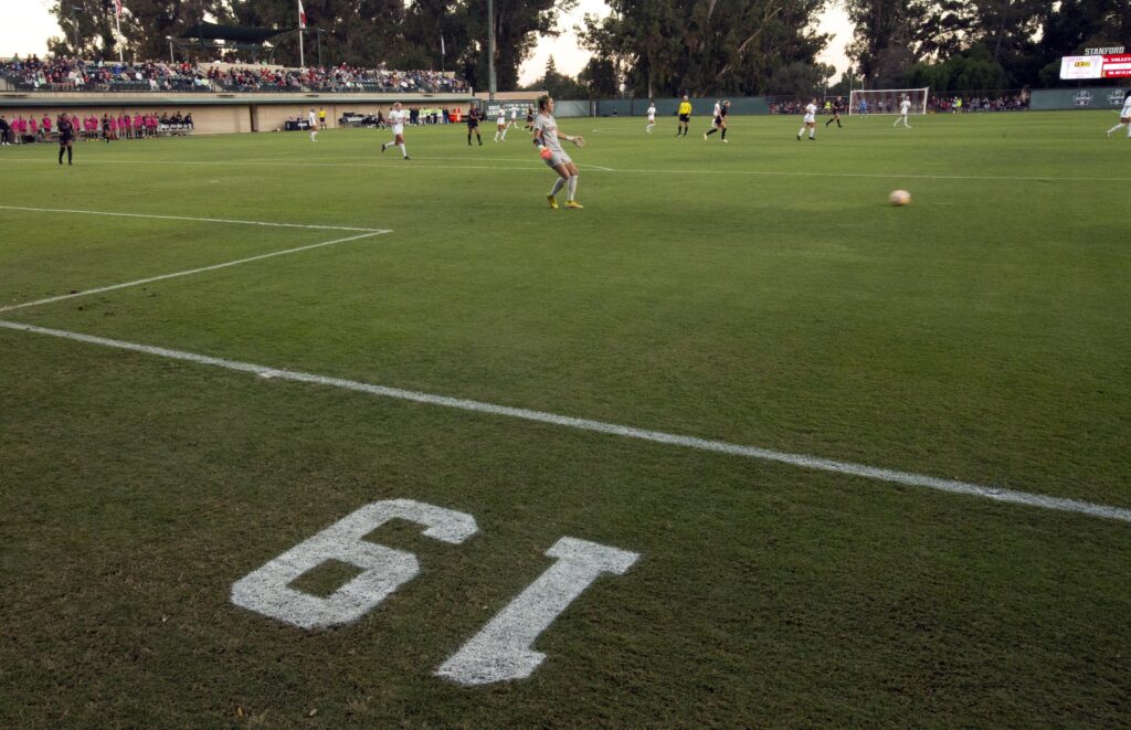 The number 19, last worn by Katie Meyer, a Stanford Cardinal player who committed suicide earlier this year, adorns the field as the Cardinal take on the UCLA Bruins during the first half at Laird Q. Cagan Stadium.