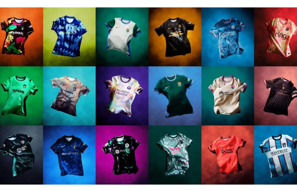 A graphic displays the 18 new NWSL jerseys for the 2026 season.