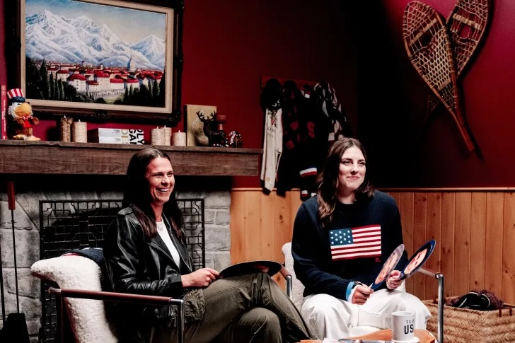 Team USA speed skater Brittany Bowe poses with fiance US women's hockey captain Hilary Knight for a Team USA photo shoot.