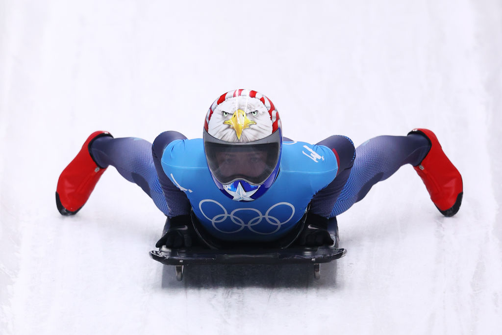 Katie Uhlaender of Team United States slides during the Women's Skeleton heat 4 on day eight of Beijing 2022 Winter Olympic Games at National Sliding Centre on February 12, 2022 in Yanqing, China.