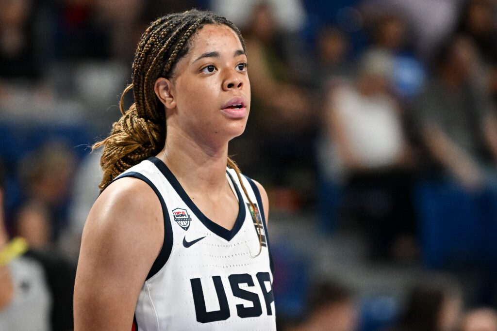 USA Basketball guard Saniyah Hall looks on during a 2025 FIBA U-19 World Cup game.