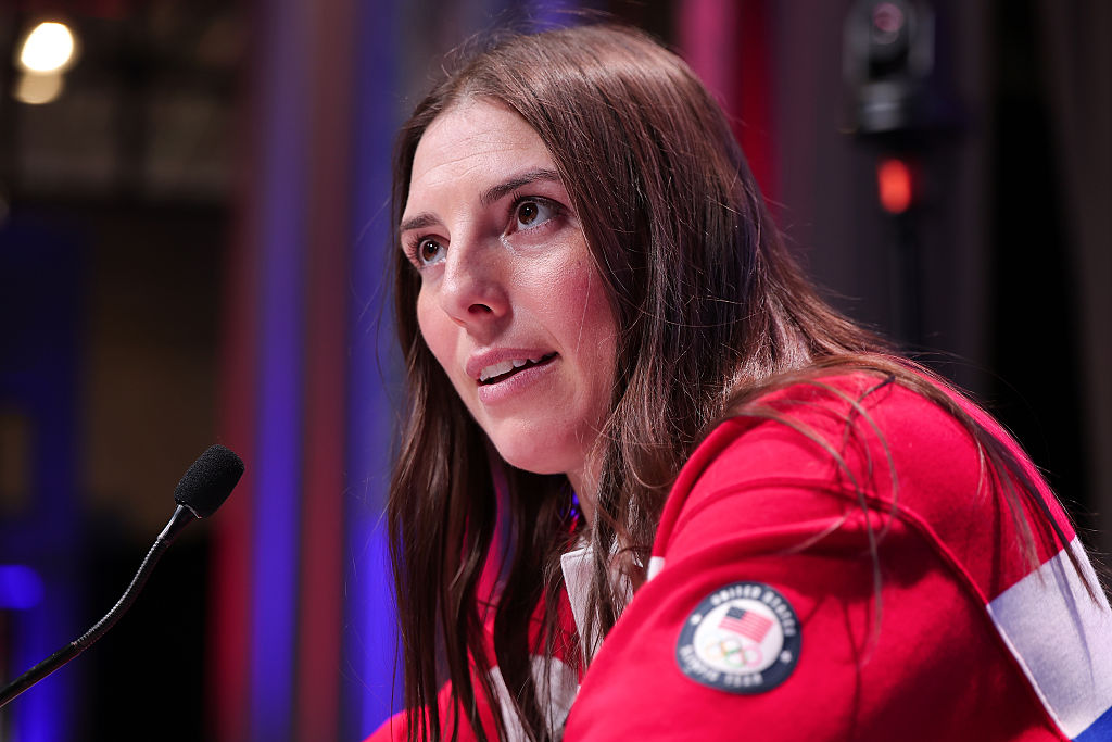 US women's hockey player Hilary Knight speaks to the media during the Team USA Media Summit at Javits Center on October 29, 2025 in New York City before Trump made remarks to the men's team during the 2026 Winter Olympics.