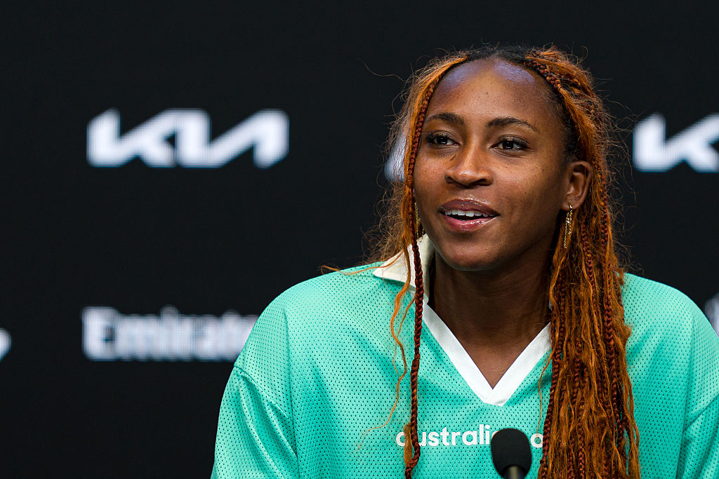 Coco Gauff of the United States talks to the media during a press conference ahead of the 2026 Australian Open at Melbourne Park on January 16, 2026 in Melbourne, Australia.