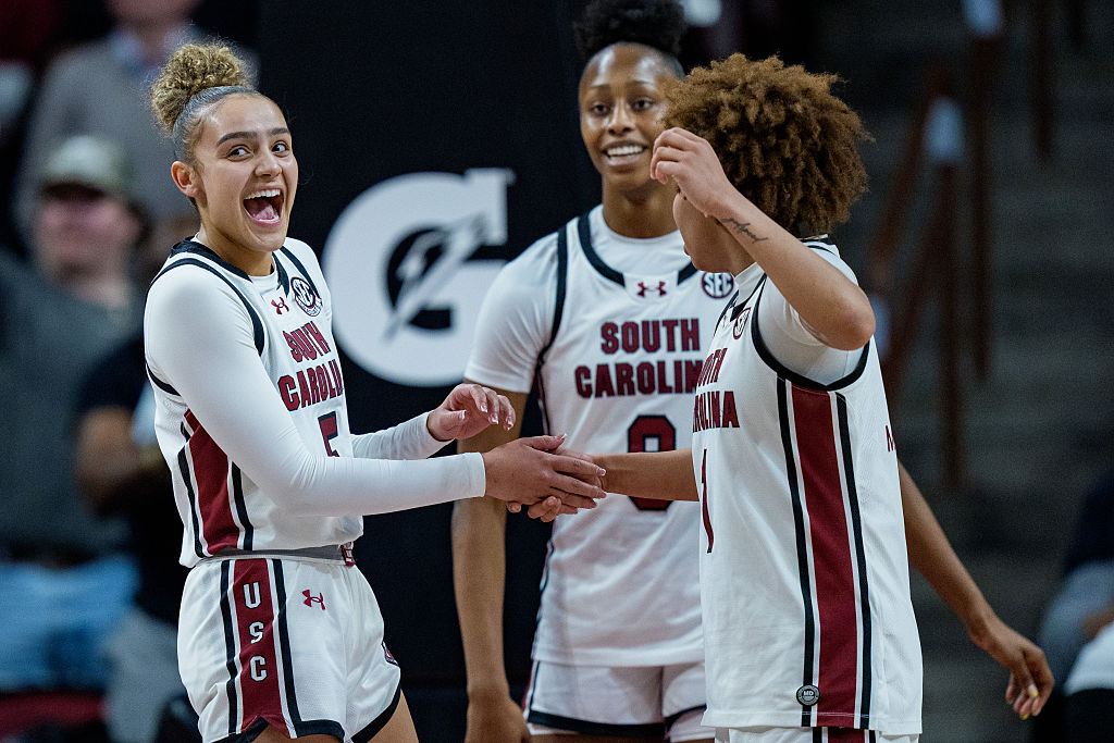 Ahead of the South Carolina vs Texas A&M game, Tessa Johnson #5, Joyce Edwards #8, and Maddy McDaniel #1 of the South Carolina Gamecocks react in the second half against the Vanderbilt Commodores during their game at Colonial Life Arena on January 25, 2026 in Columbia, South Carolina.