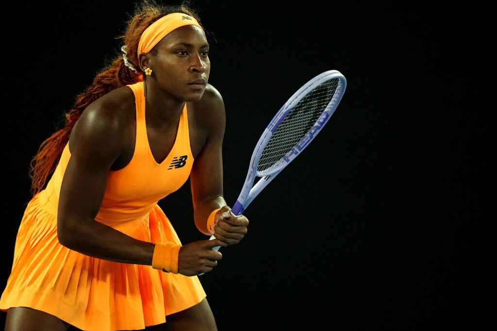 US tennis star Coco Gauff awaits a serve from Elina Svitolina during their 2026 Australian Open quarterfinal match.
