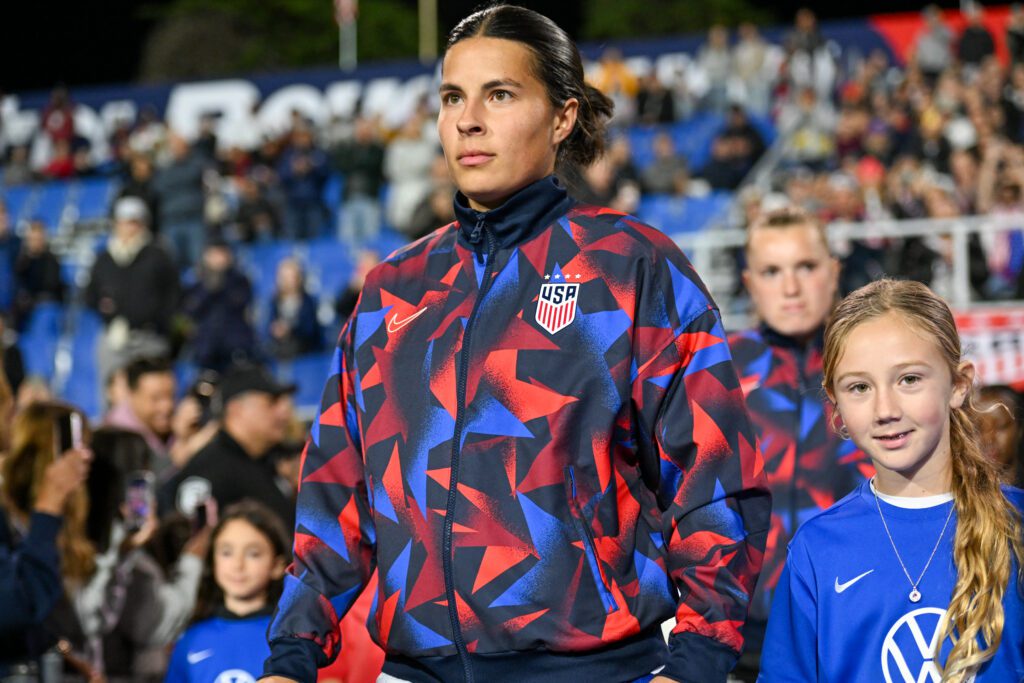 USWNT defender Emily Sams enters the pitch ahead of a 2026 friendly.
