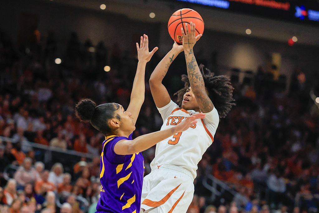 Texas Longhorns guard Rori Harmon (3) takes a shot over Louisiana State Tigers guard Jada Richard (30) during the game on February 05, 2026, at the Moody Center in Austin, TX.