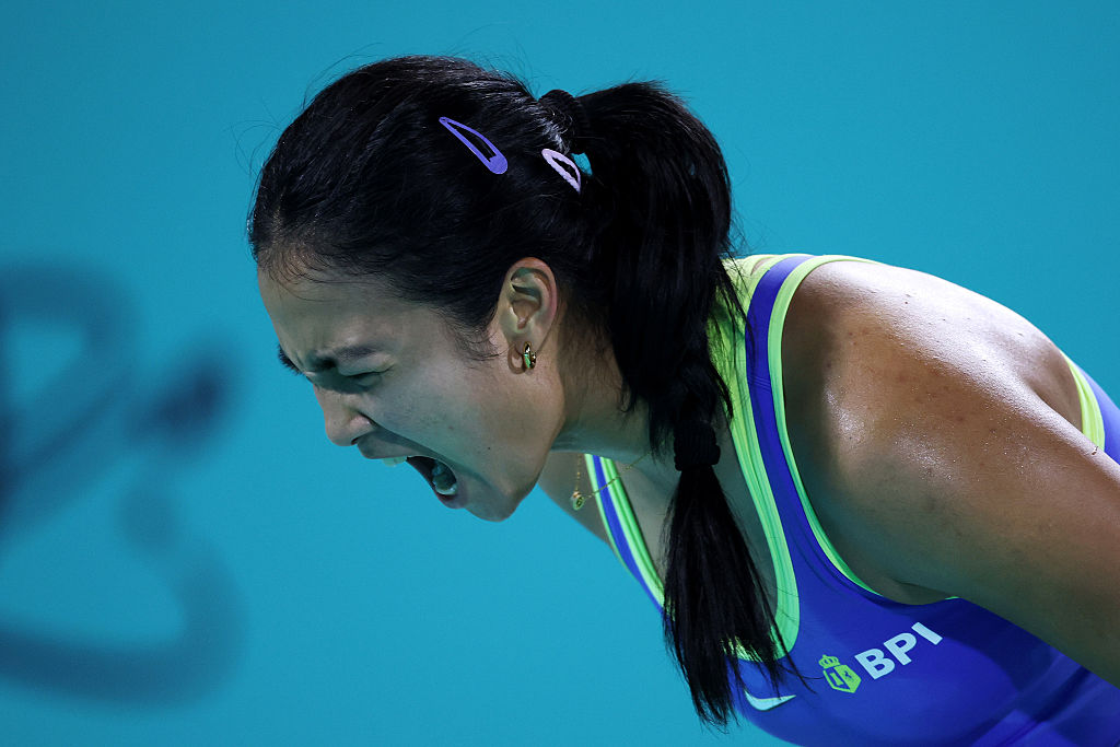 Alexandra Eala of the Philippines celebrates scoring a point against Zeynep Sonmez of Turkey in the first round during day two of the Mubadala Abu Dhabi Open, part of the Hologic WTA Tour, at Zayed Sports City on February 02, 2026 in Abu Dhabi, United Arab Emirates.