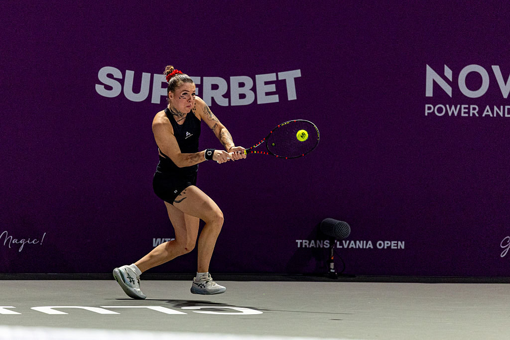 Oksana Oliynykova of Ukrain in action against Xinyu Wang of China during the WTA 250 Transylvania Open tournament in BT Arena, on February 05, 2026 in Cluj-Napoca, Romania.