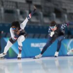 Team USA speed skater Erin Jackson races across the ice while training in Milan ahead of the 2026 Winter Olympics.
