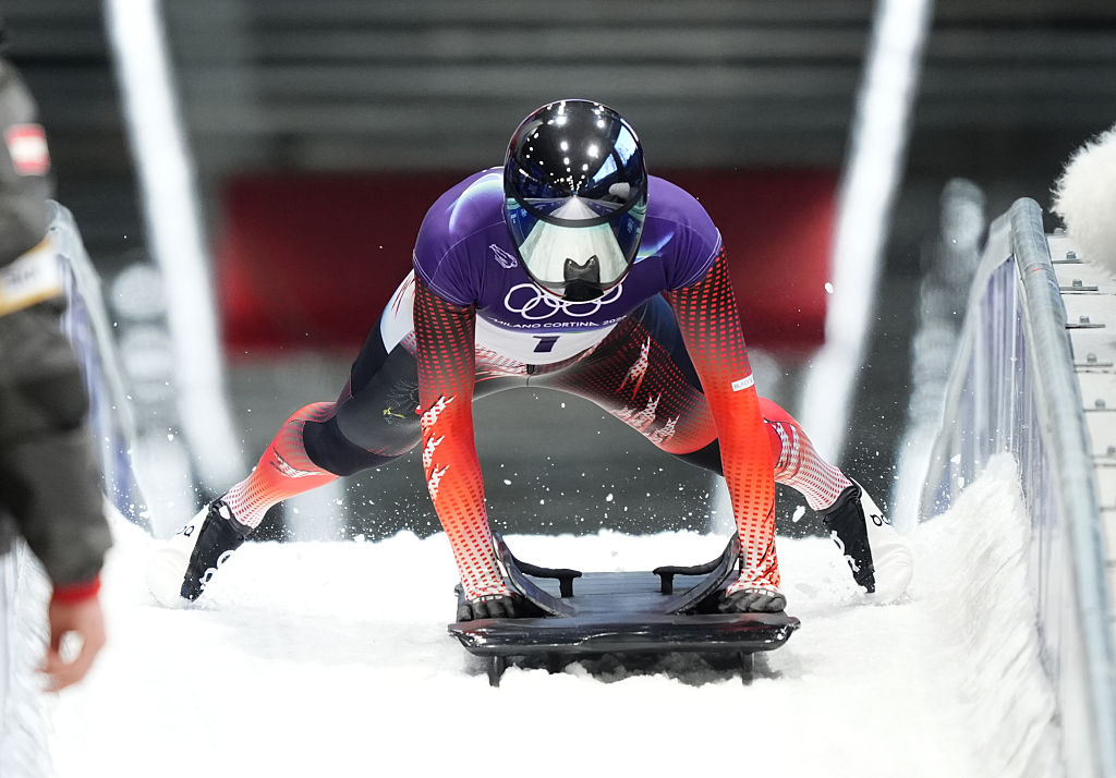 Austria's Janine Flock during heat one of the Women's Skeleton at the Cortina Sliding Centre, on day seven of the Milano Cortina 2026 Winter Olympics, Italy.