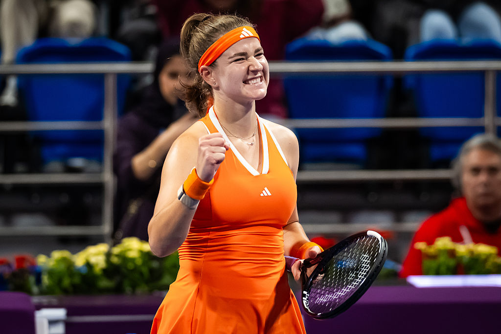 Karolina Muchova of the Czech Republic reacts to defeating Maria Sakkari of Greece in the semi-final on Day Six of the Qatar TotalEnergies Open, part of the Hologic WTA Tour at Khalifa International Tennis and Squash Complex on February 13, 2026 in Doha, Qatar.