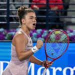Jasmine Paolini of Italy in action against Alexandra Eala (not seen) of Philippines during the women's singles match of the Dubai Duty Free Tennis Championships at Abu Dhabi International Tennis Centre in Dubai, United Arab Emirates, on February 17, 2026.