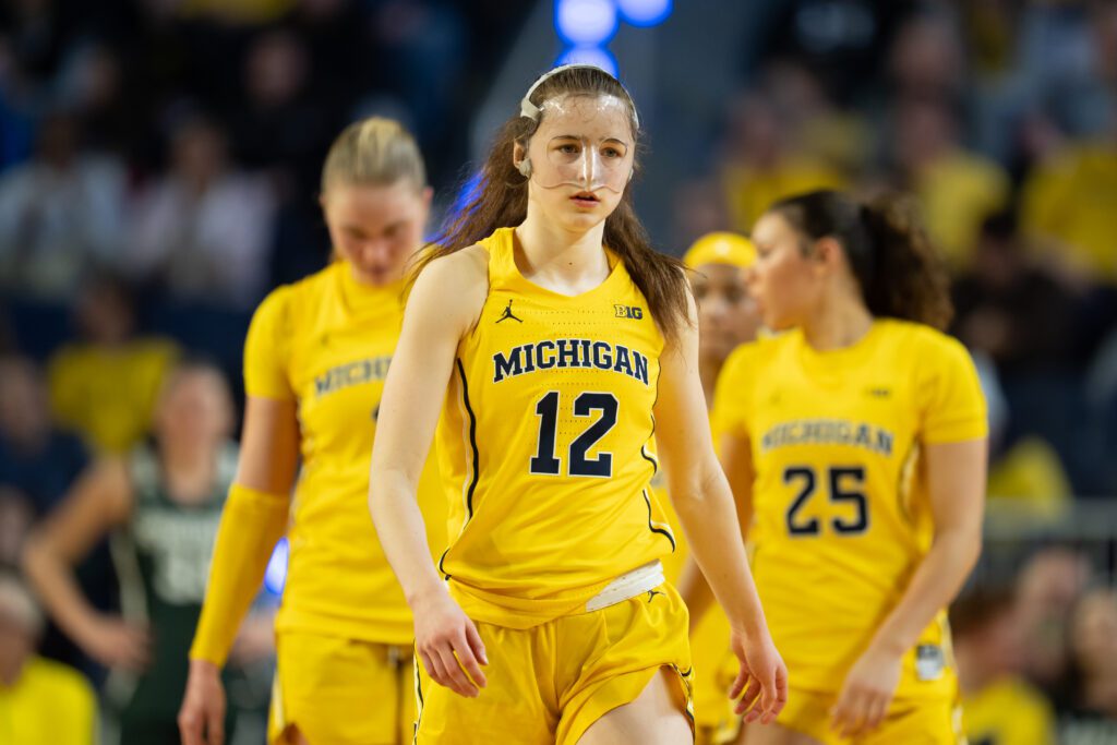 Michigan sophomore Syla Swords walks across the court during a 2025/26 NCAA basketball game.