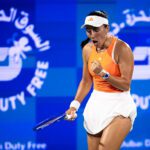 Jessica Pegula of the United States reacts while playing against Amanda Anisimova of the United States in the semi-final on Day Six of the Dubai Duty Free Tennis Championships, part of the Hologic WTA Tour at Dubai Duty Free Tennis Stadium on February 20, 2026 in Dubai, United Arab Emirates