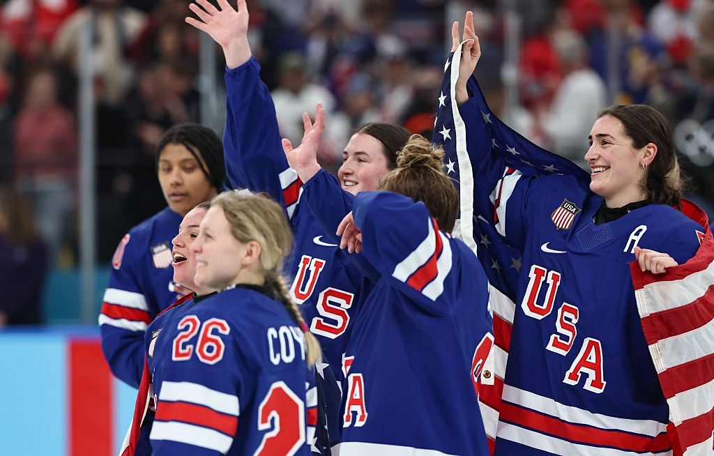 Players the United States greet fans after winning the ice hockey women's gold medal game between the United States and Canada at the Milan-Cortina 2026 Olympic Winter Games in Milan, Italy, Feb. 19, 2026.