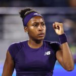 Coco Gauff of United States celebrates a point against Alexandra Eala of Philippines in her Women's Singles Quarter Final match during day five of the Dubai Duty Free Tennis Championships, part of the Hologic WTA Tour at Dubai Duty Free Tennis Stadium on February 19, 2026 in Dubai, United Arab Emirates.