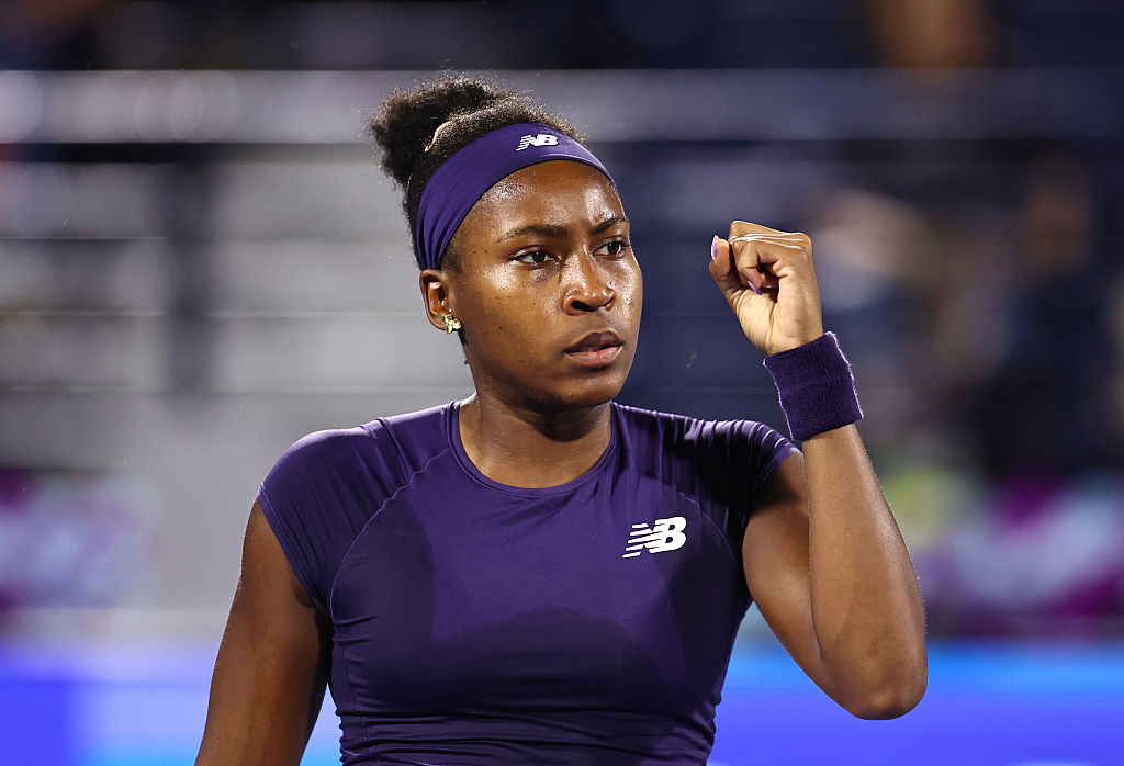 Coco Gauff of United States celebrates a point against Alexandra Eala of Philippines in her Women's Singles Quarter Final match during day five of the Dubai Duty Free Tennis Championships, part of the Hologic WTA Tour at Dubai Duty Free Tennis Stadium on February 19, 2026 in Dubai, United Arab Emirates.