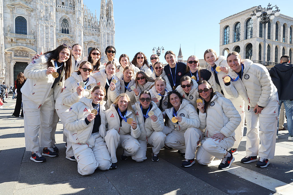 U.S. Olympians Kristen Simms, Hannah Bilka, Tessa Janecke, Haley Winn, Laila Edwards, Hayley Scamurra, Joy Dunne, Hilary Knight, Lee Stecklein, Coyne Schofield, Cayla Barnes, Alex Carpenter, Taylor Heise, Grace Zumwinkle and Curl Salemme make an appearance on the NBC Today Show on February 20, 2026 in Milan, Italy after having lunch with Stanley Tucci.