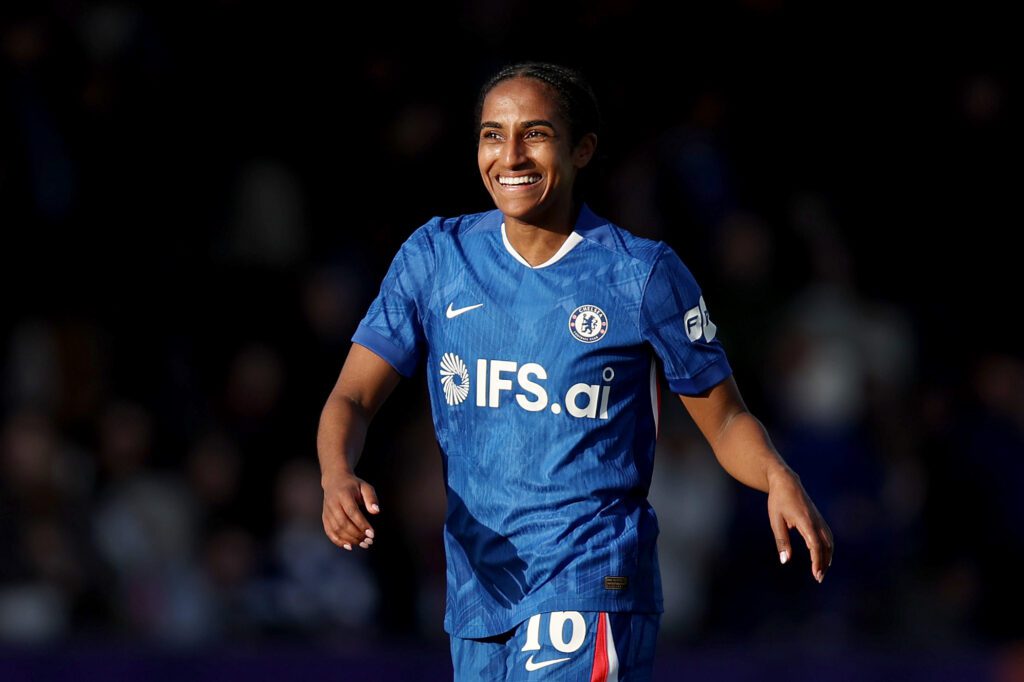 Chelsea FC defender Naomi Girma smiles after scoring the game-winning goal during the fifth round of the 2025/26 FA Cup.
