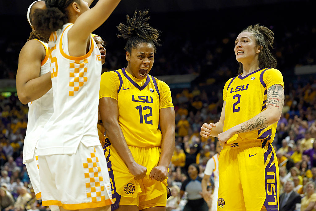 Mikaylah Williams #12 of the LSU Tigers reacts after making a basket during the second half of a game against the Tennessee Lady Volunteers at Pete Maravich Assembly Center on February 26, 2026 in Baton Rouge, Louisiana.