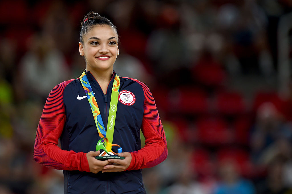 Lauren Hernandez of the United States celebrates on the podium at the medal ceremony for the Balance Beam on day 10 of the Rio 2016 Olympic Games at Rio Olympic Arena on August 15, 2016 in Rio de Janeiro, Brazil.