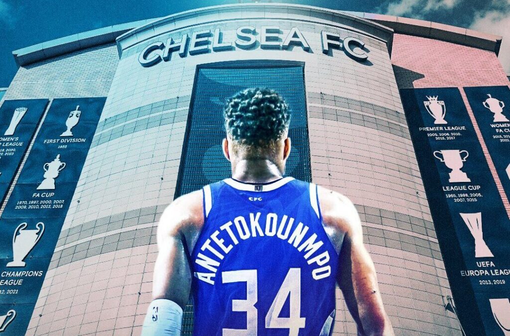 A graphic shows NBA star Giannis Antetokounmpo entering WSL side Chelsea FC.
