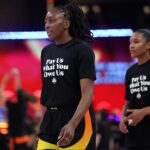 WNBA forwards Nneka Ogwumike and Alyssa Thomas enter the 2025 All-Star Game wearing T-shirts that say "Pay Us What You Owe Us."
