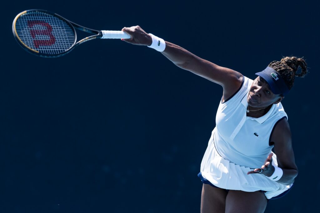 f United States and Ekaterina Alexandrova in action against Emiliana Arango of Colombia and Elsa Jacquemot of France in the first round of the womens doubles at the Australian Open at Melbourne Park.
