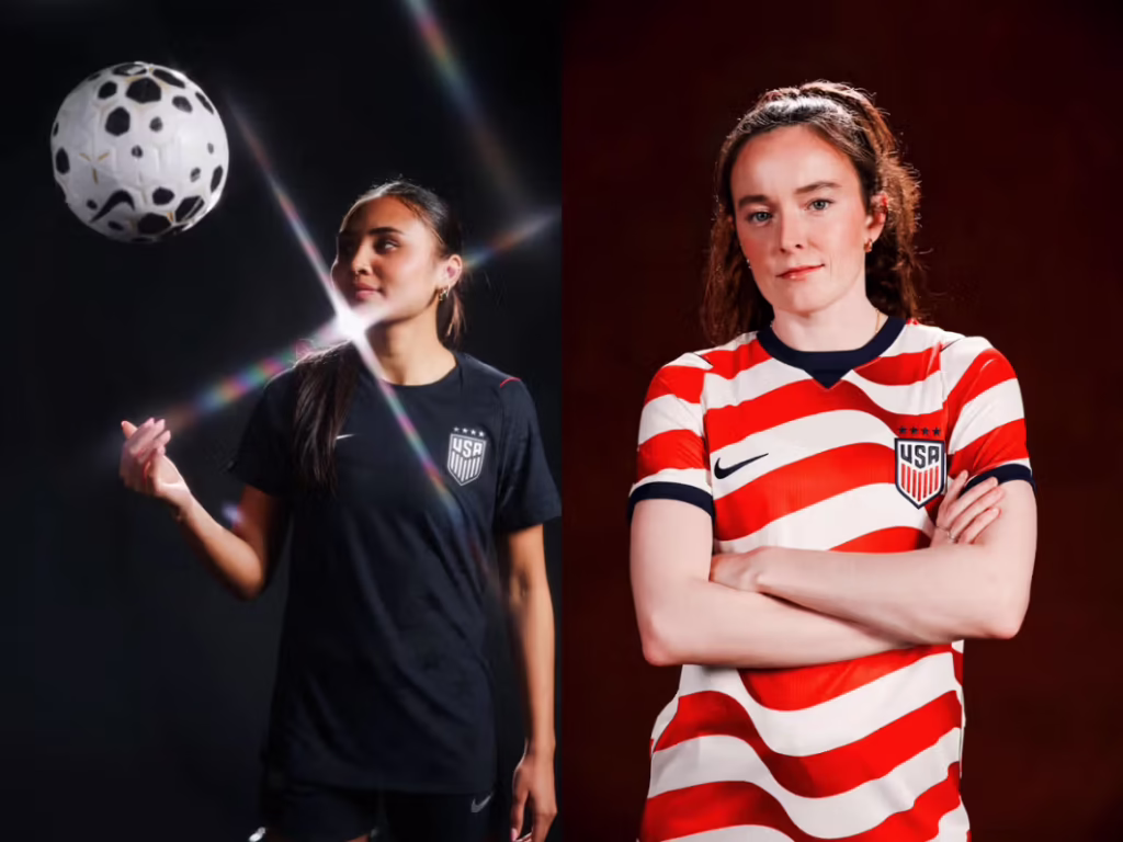 USWNT stars Alyssa Thompson and Rose Lavelle model the new 2026 US Soccer jerseys.