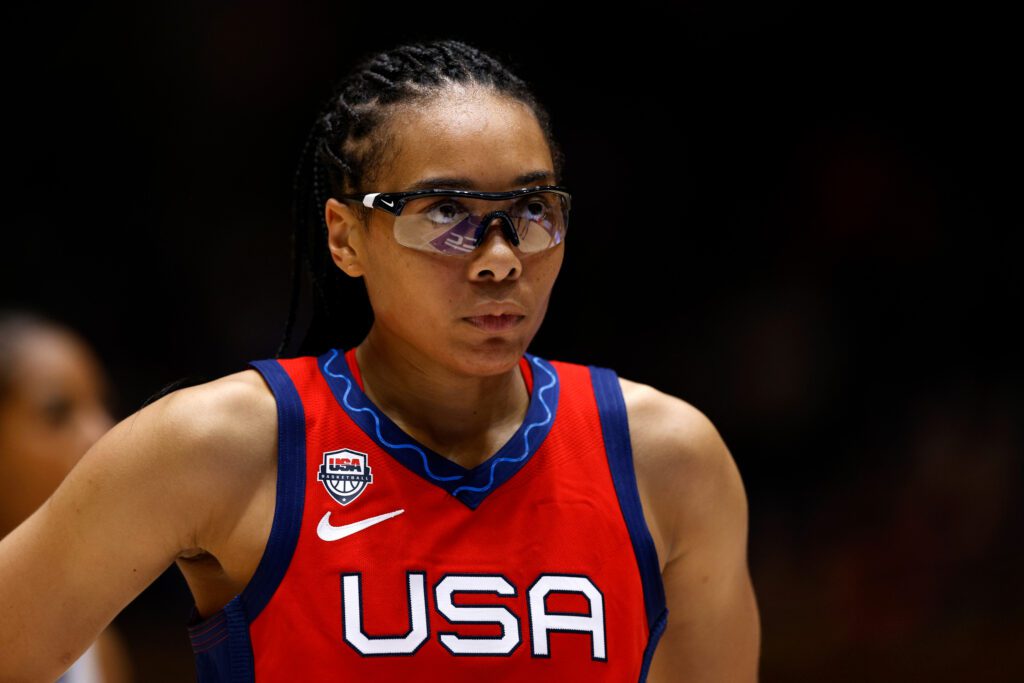 USA Basketball guard Allisha Gray looks up during a 2023 exhibition game.