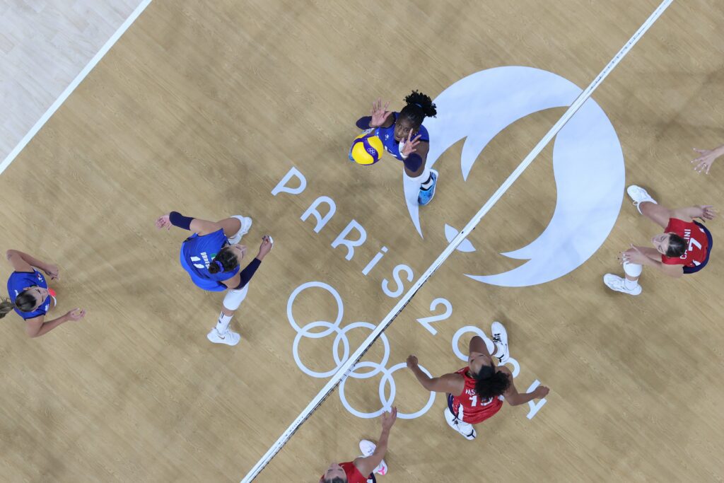 Myriam Fatime Sylla top of Italy competes during the volleyball women's gold medal match between Italy and the United States at the Paris 2024 Olympic Games in Paris, France on Aug. 11, 2024. 