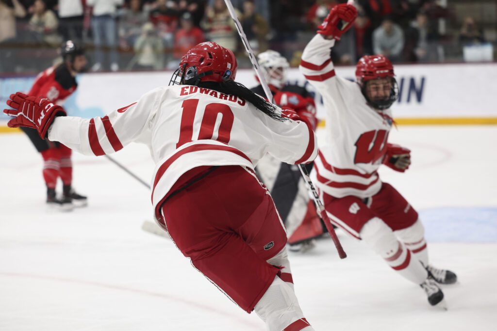 Wisconsin defenseman Laila Edwards celebrates her goal during the 2025 Division I women's hockey championship.