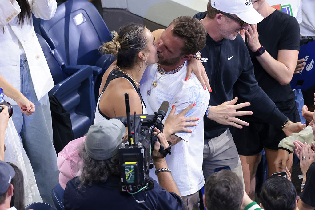 Aryna Sabalenka of Belarus celebrates with her boyfriend Georgios Frangulis after winning against Amanda Anisimova of USA during their Women's Singles Final match on day fourteen of the 2025 US Open Tennis Championships at USTA Billie Jean King National Tennis Center on September 6, 2025 in Flushing Meadows, Queens, New York City.