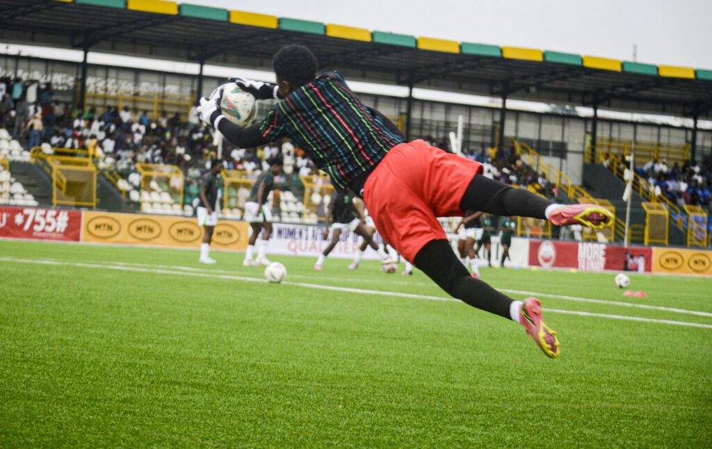 Chinyere Mgbechi Anderline, the goalkeeper of the Super Falcons, warms up as Nigeria's Super Falcons qualify for the Women Africa Cup of Nations (WAFCON) 2026 after playing a 1-1 draw (3-1 aggregate) with Benin Republic's Amazons in the second leg of the WAFCON 2026 qualifying match at MKO Abiola Sports Arena in Abeokuta, Ogun State, on October 28, 2025.